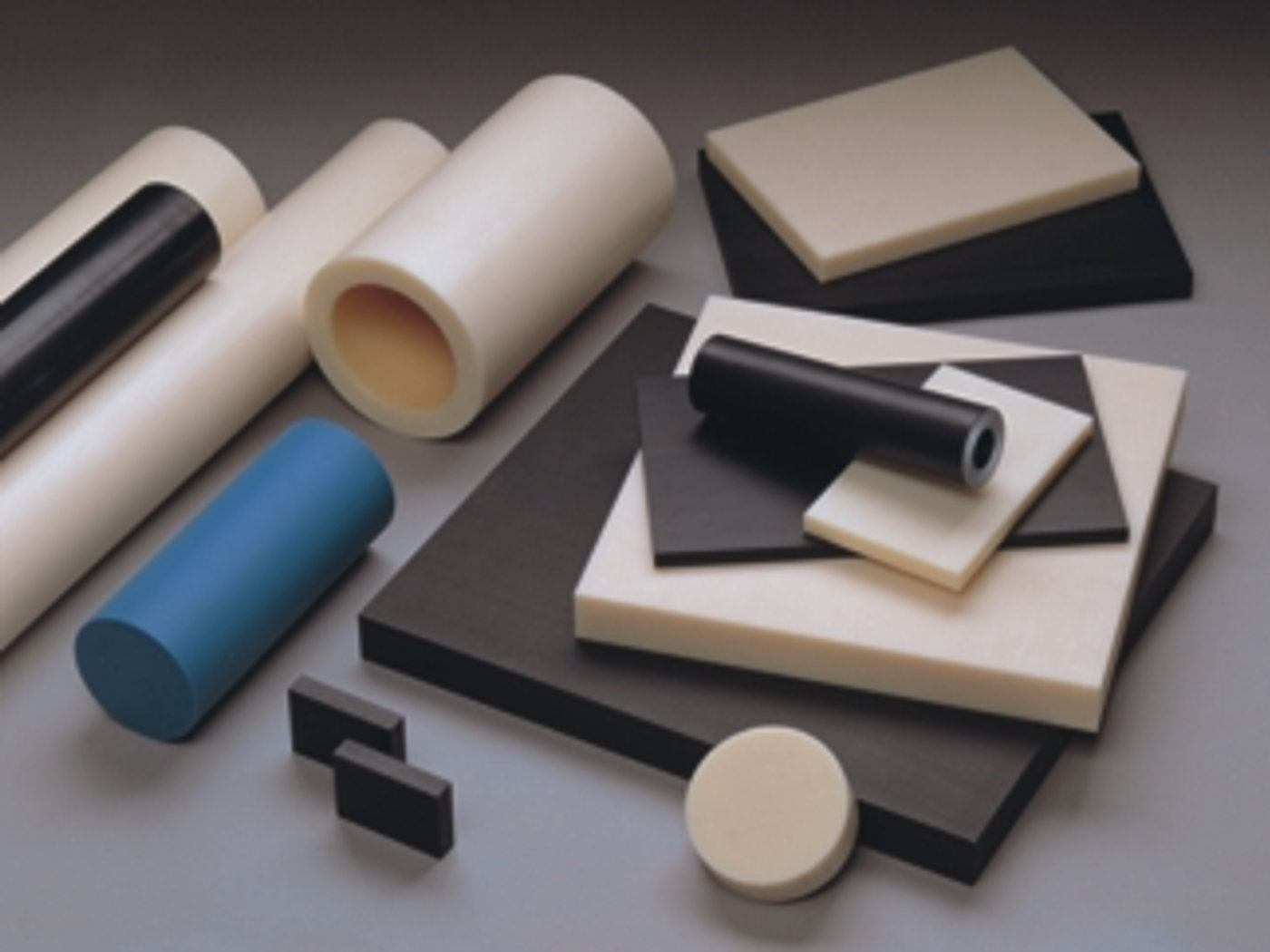 Sample offcuts of the engineering plastics stocked by Steelplast